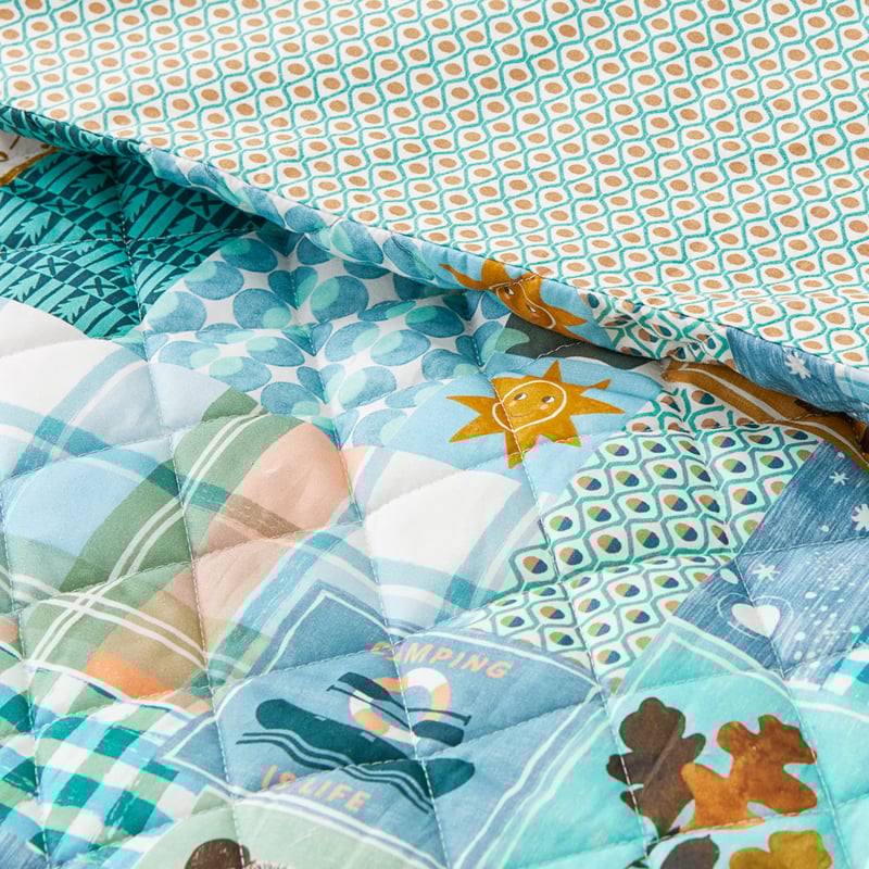 Adventure Awaits Patchwork Blue Green Quilted Quilt Cover Set