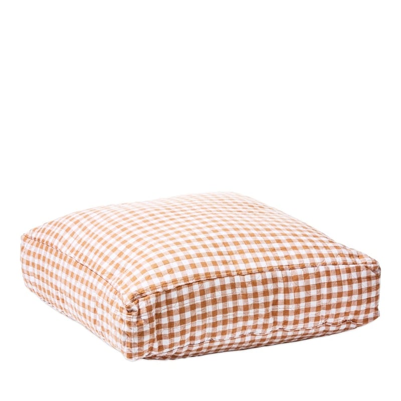 Vintage Washed Linen Caramel Check Floor Cushion