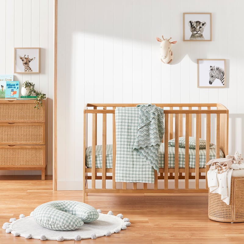 Vintage Washed Linen Eucalyptus Check Cot Quilt Cover
