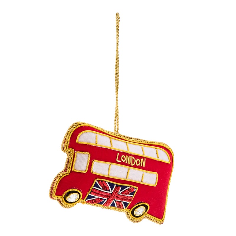 Hanging Embroidered Red & Gold London Bus Ornament