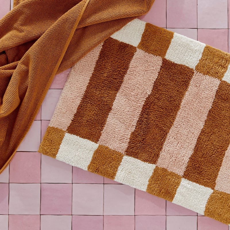 Check Border Nude Pink and Ginger Bath Mat