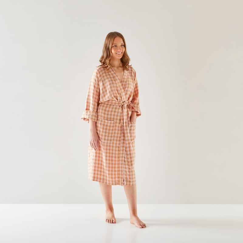 Vintage Washed Linen Caramel & Pink Check Robe