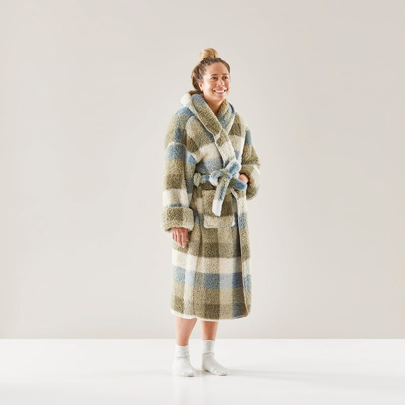 Printed Sherpa Green Check Hooded Robe 