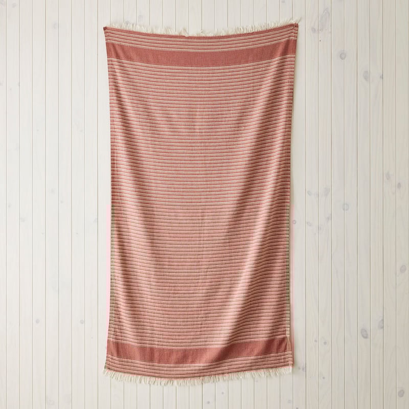 European Dusky Red & Natural Stripe Turkish Peshtemal Beach Towel