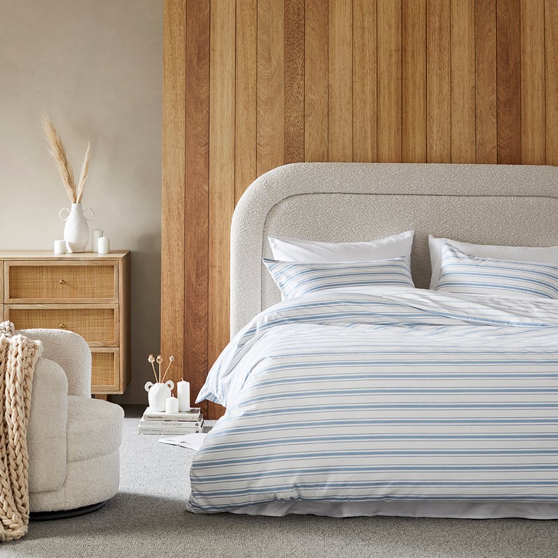 Flannelette Printed Steel Blue Ticking Stripe Quilt Cover Set