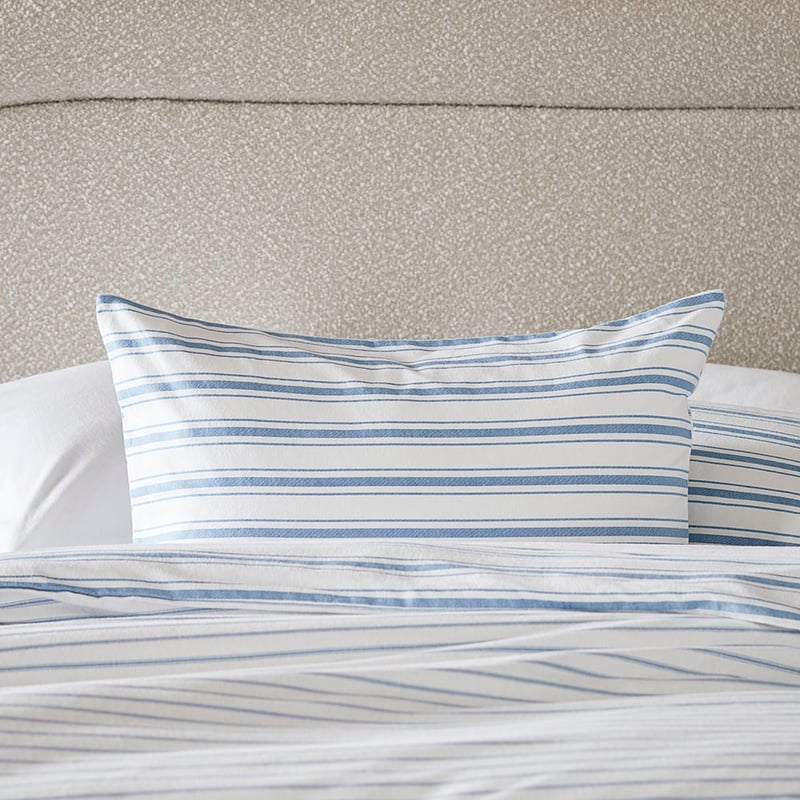 Flannelette Printed Steel Blue Ticking Stripe Quilt Cover Set