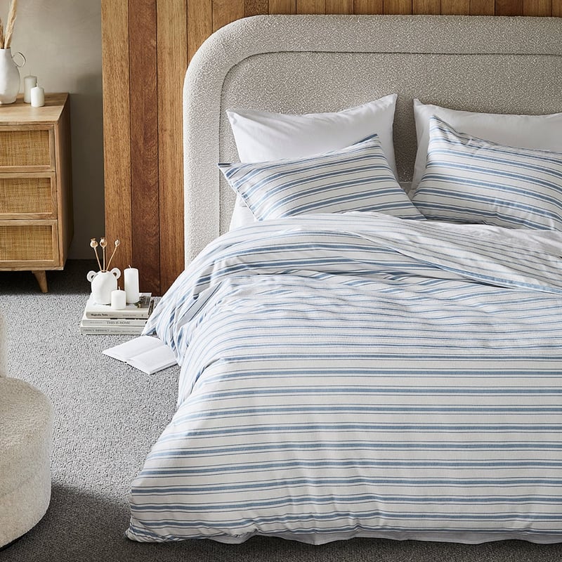 Flannelette Printed Steel Blue Ticking Stripe Quilt Cover Set