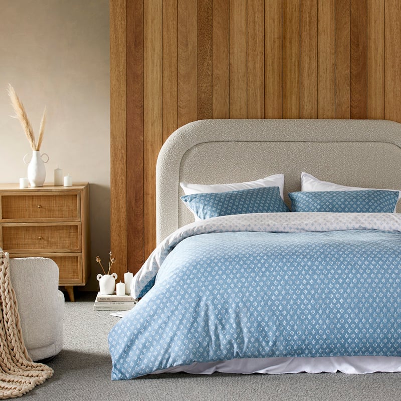 Flannelette Printed Steel Blue Woodblock Quilt Cover Set