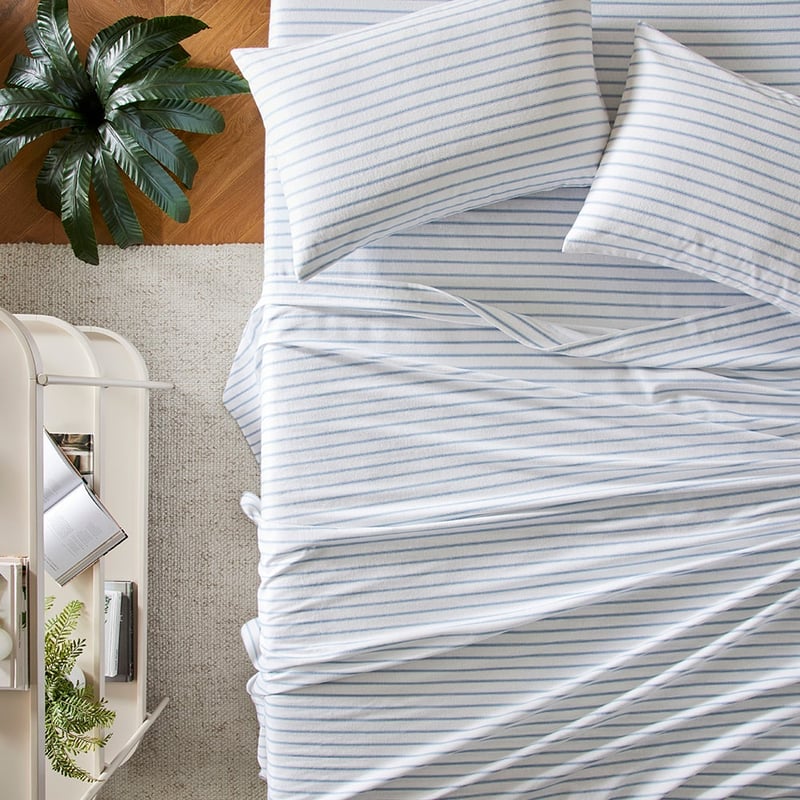 Flannelette Printed Steel Blue Ticking Stripe Sheet Set