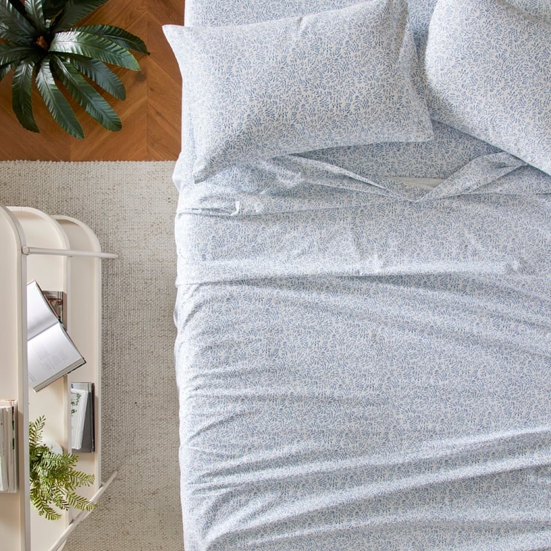 Flannelette Printed Provincial Woodblock Blue Sheet Set