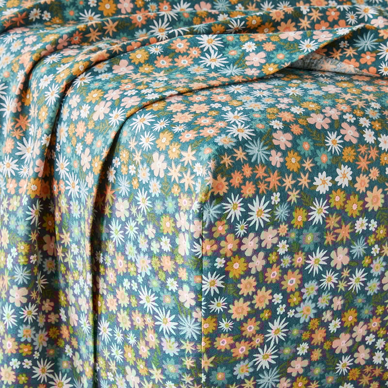 Flannelette Printed Midnight Floral Petrol Blue Sheet Set