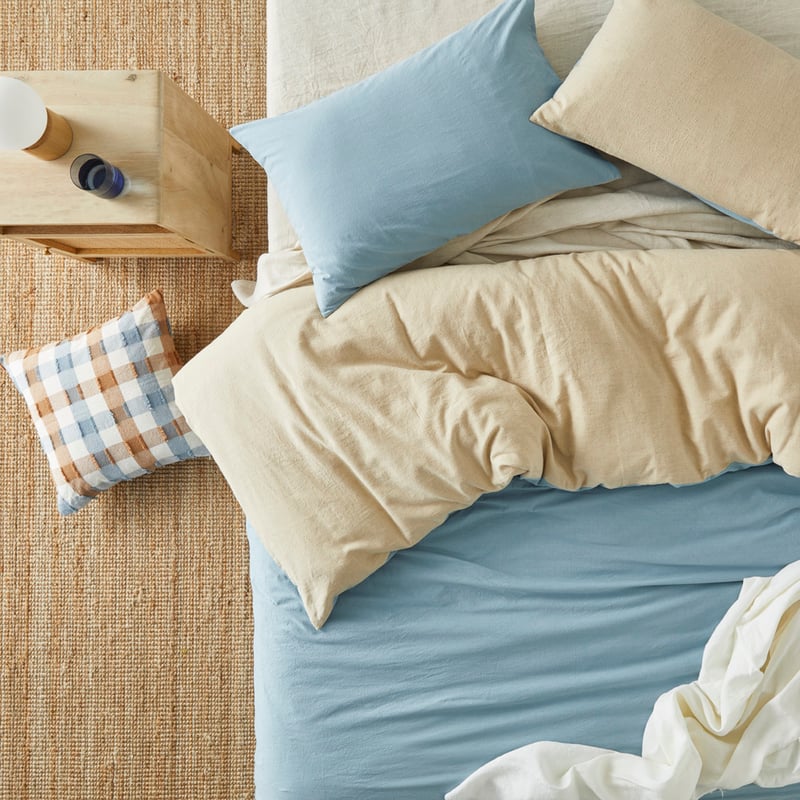 Olsen Linen Cotton Natural & Mid Blue Quilt Cover Set