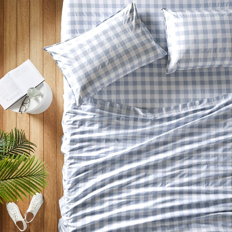 Printed Blue Gingham Cotton Washed Sheet Set