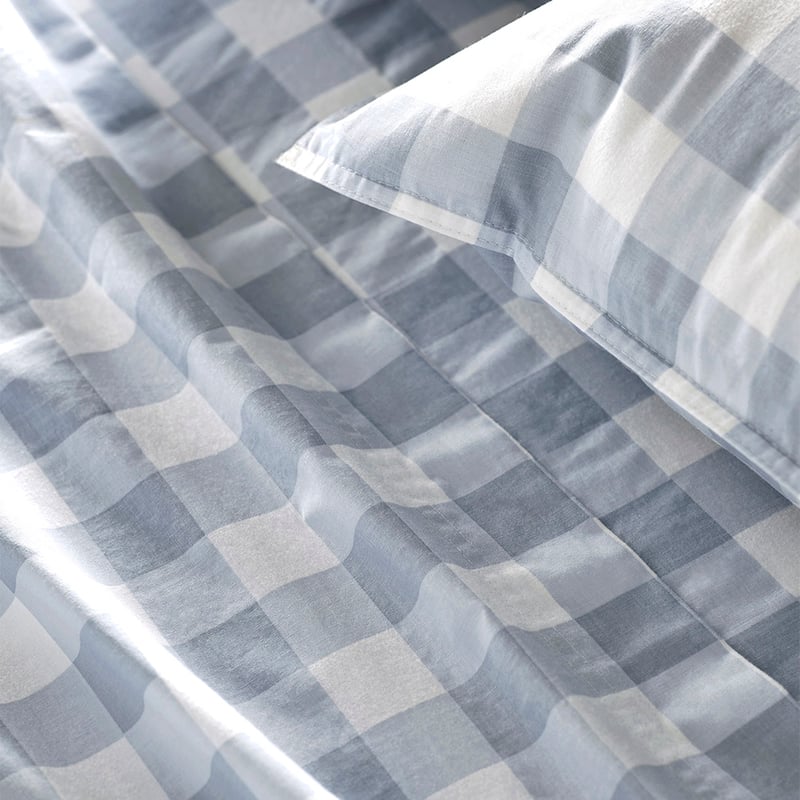 Printed Blue Gingham Cotton Washed Sheet Set