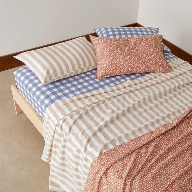 Printed Blue Gingham Cotton Washed Sheet Set