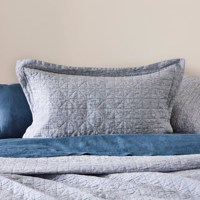 Vintage Washed Linen Navy Marle Quilted Pillowcases