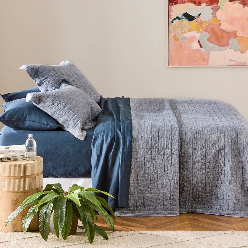 Vintage Washed Linen Navy Marle Quilted Pillowcases