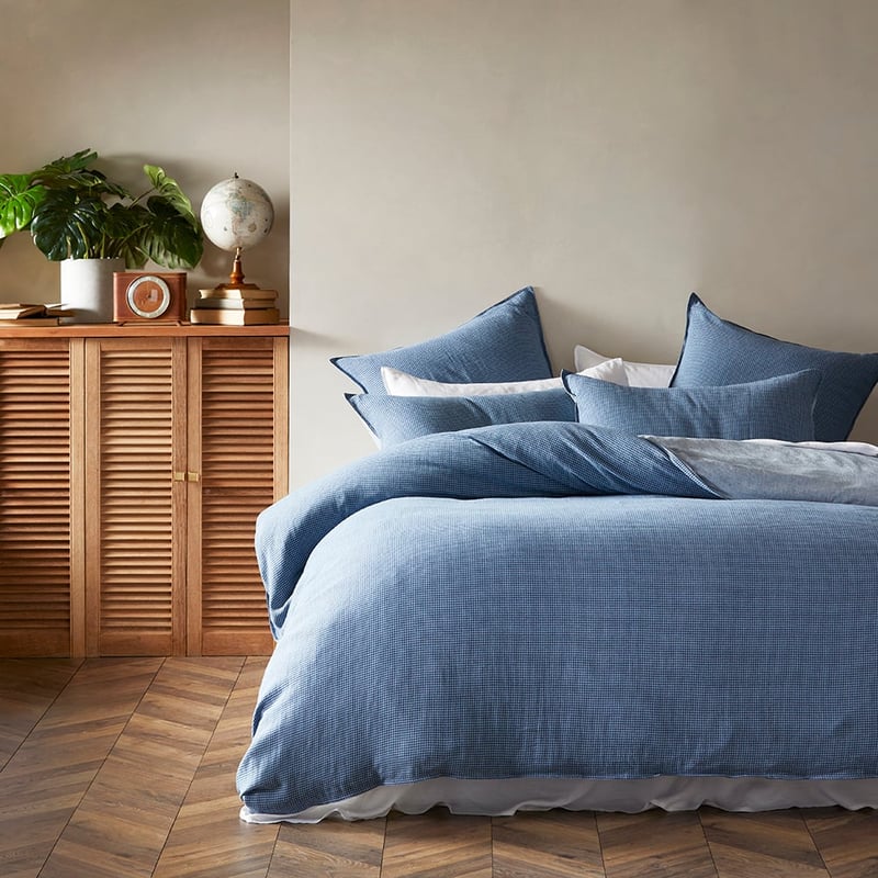 Vintage Washed Linen Cotton Storm Blue Houndstooth Pillowcases