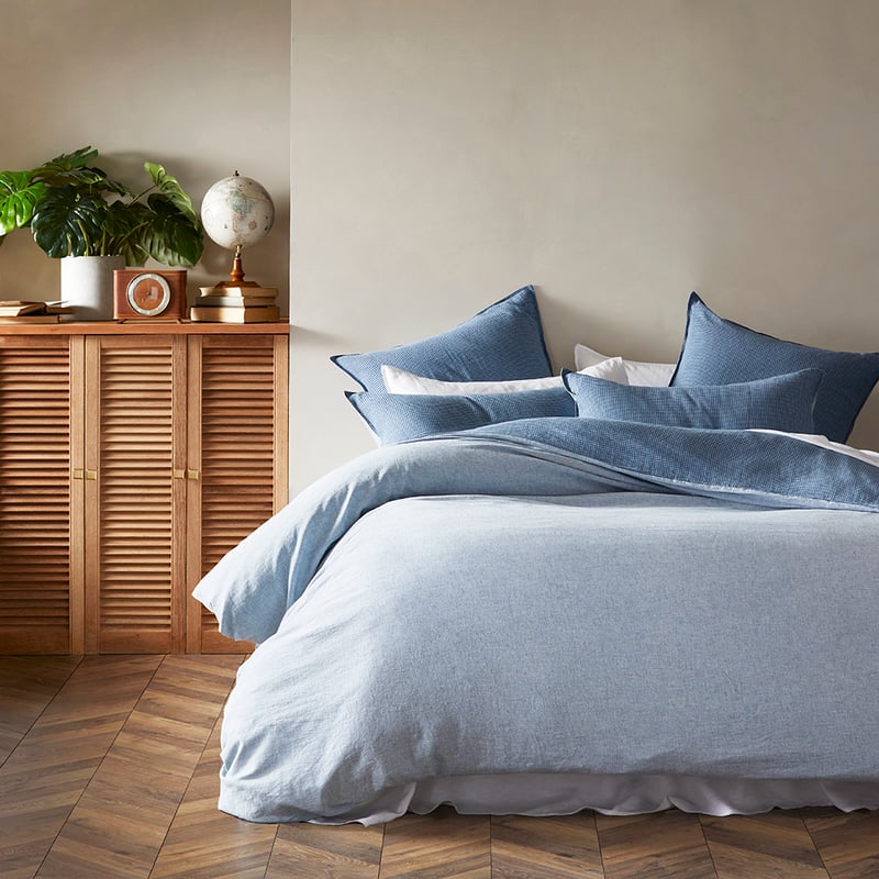 Vintage Washed Linen Cotton Storm Blue Houndstooth Quilt Cover Set + Separates