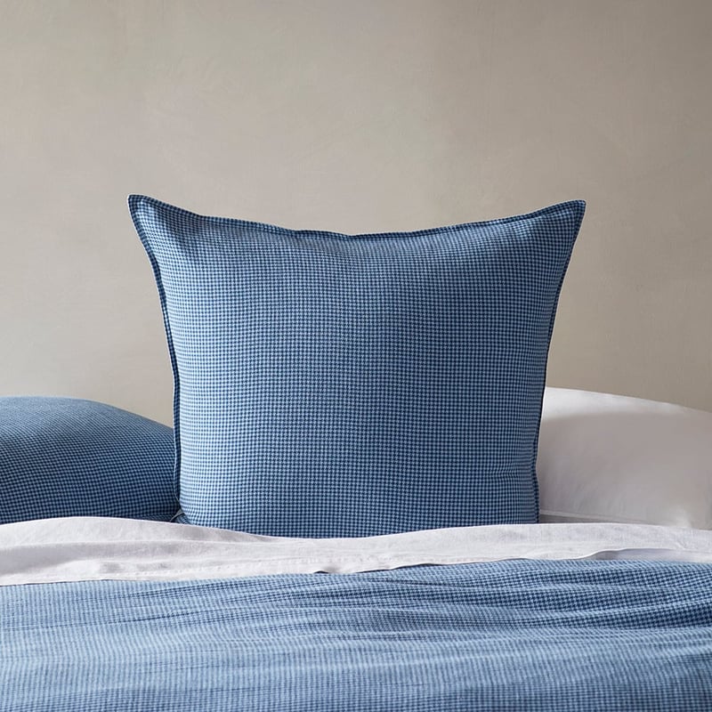 Vintage Washed Linen Cotton Storm Blue Houndstooth Pillowcases