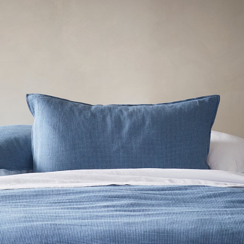 Vintage Washed Linen Cotton Storm Blue Houndstooth Pillowcases