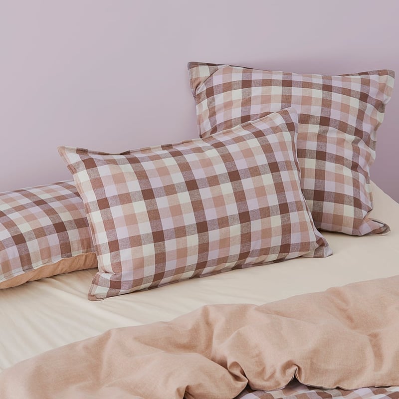 Vintage Washed Linen Cotton Mauve Check Quilt Cover Set + Separates