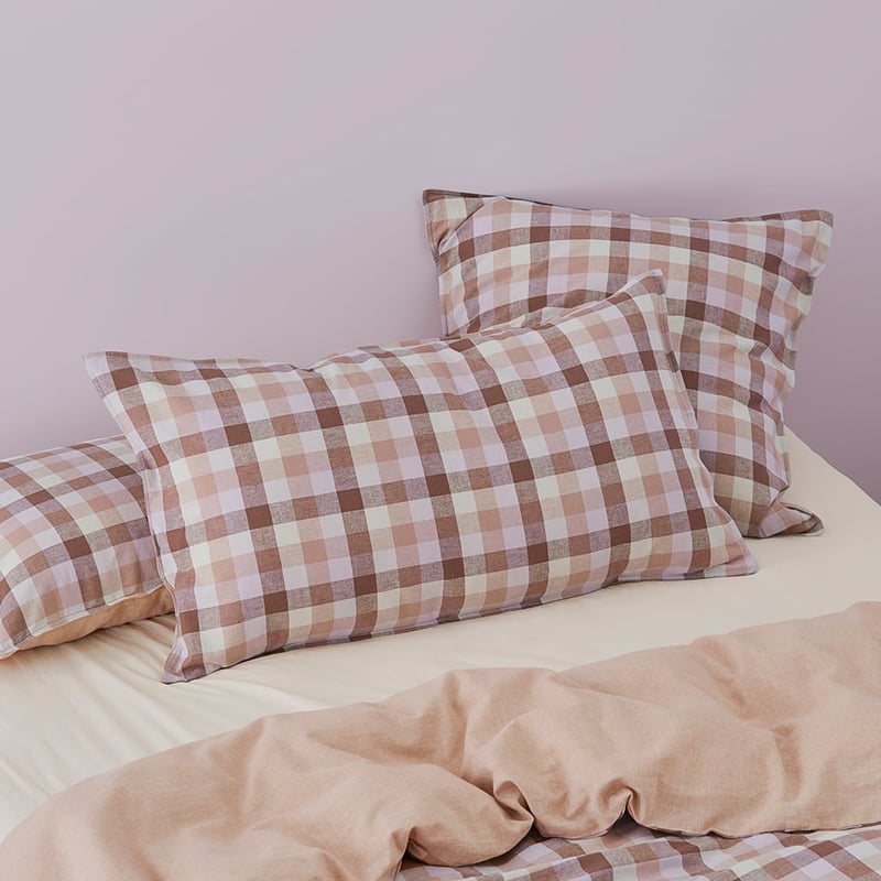 Vintage Washed Linen Cotton Mauve Check Pillowcases