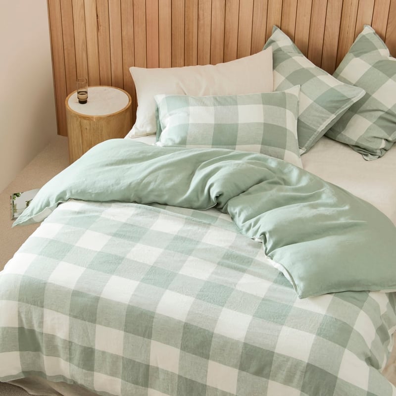 Vintage Washed Linen Large Eucalyptus Check Quilt Cover Separates