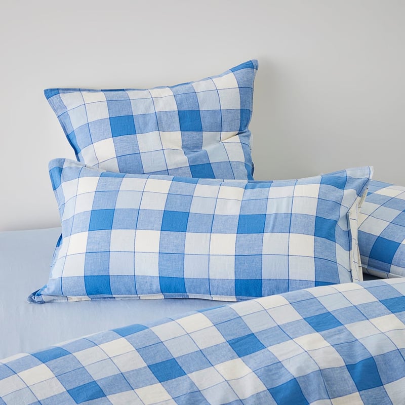 Vintage Washed Linen Cotton French Blue Check Pillowcases
