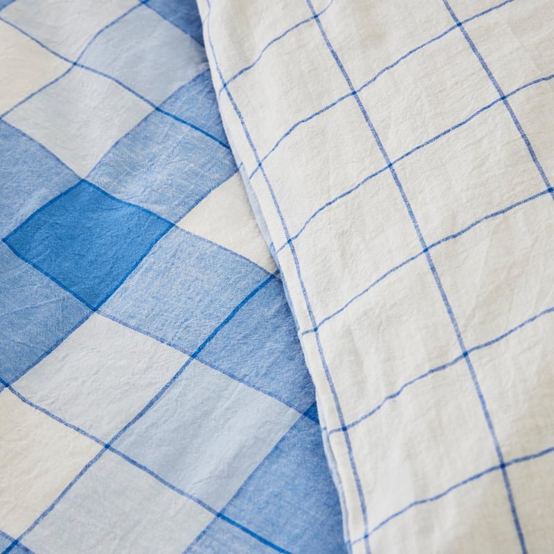 Vintage Washed Linen Cotton French Blue Check Pillowcases