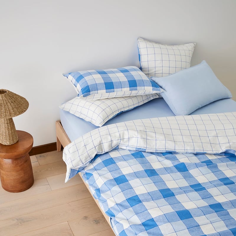 Vintage Washed Linen Cotton French Blue Check Quilt Cover Set + Separates