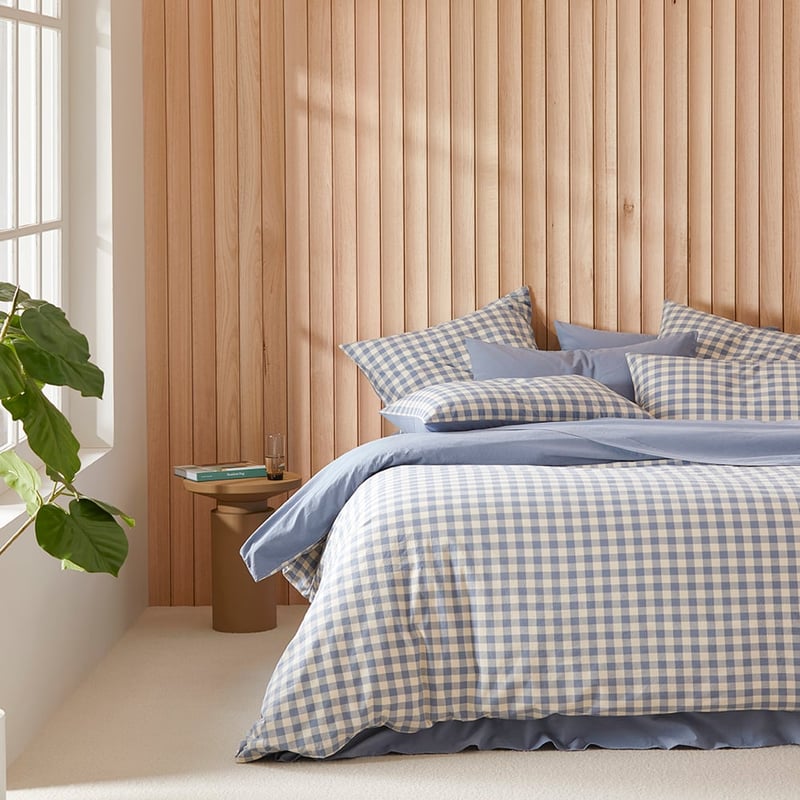Stonewashed Cotton Printed Storm Blue Gingham Quilt Cover Separates