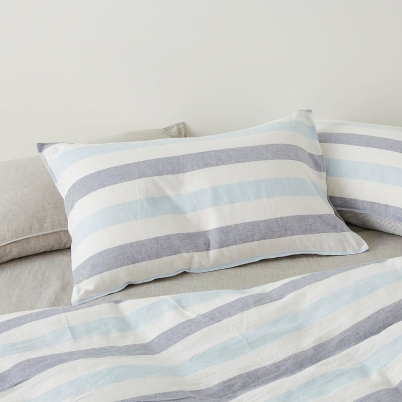 Vintage Washed Linen Cotton Atlantic Stripe Blue Quilt Cover Set + Separates