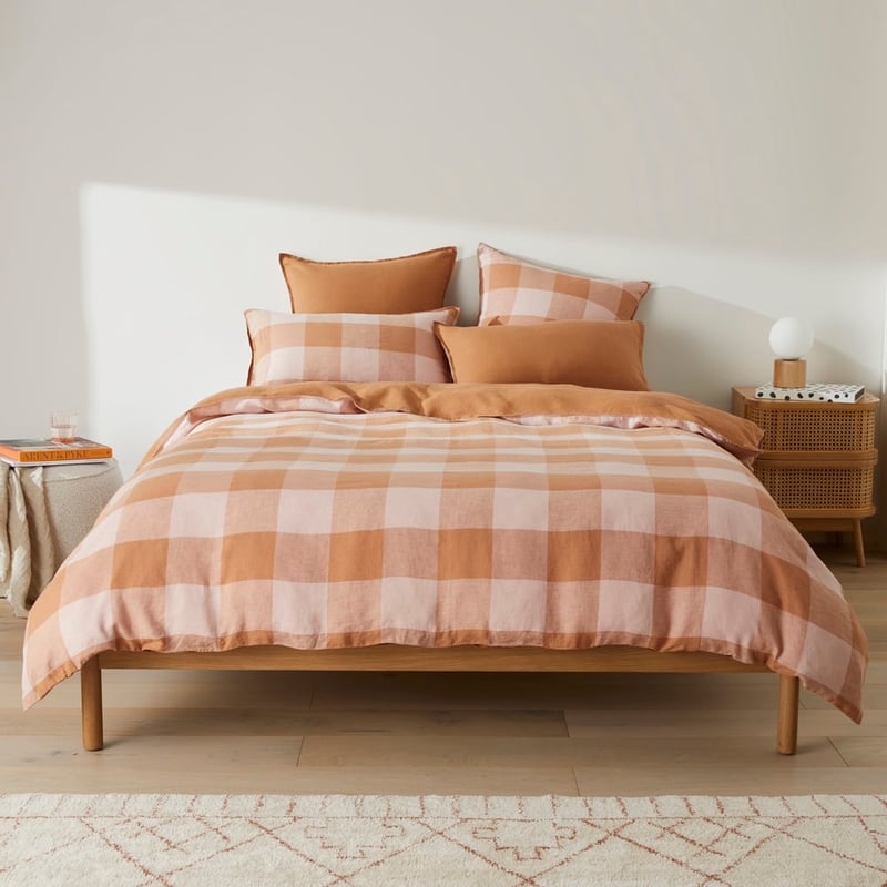 Vintage Washed Linen Large Caramel & Pink Check Pillowcases