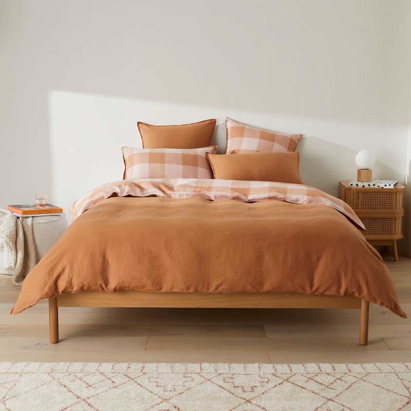 Vintage Washed Linen Large Caramel & Pink Check Quilt Cover Separates