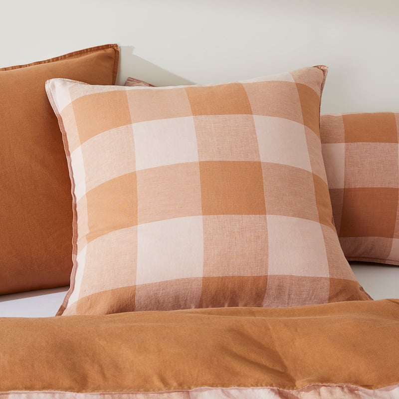 Vintage Washed Linen Large Caramel & Pink Check Pillowcases
