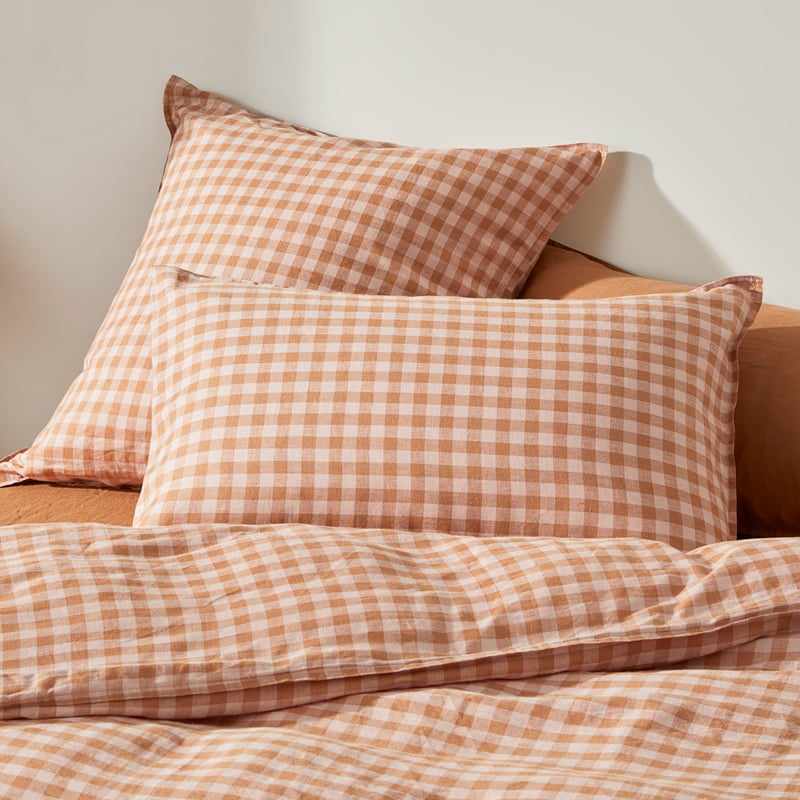 Vintage Washed Linen Caramel & Pink Check Pillowcases