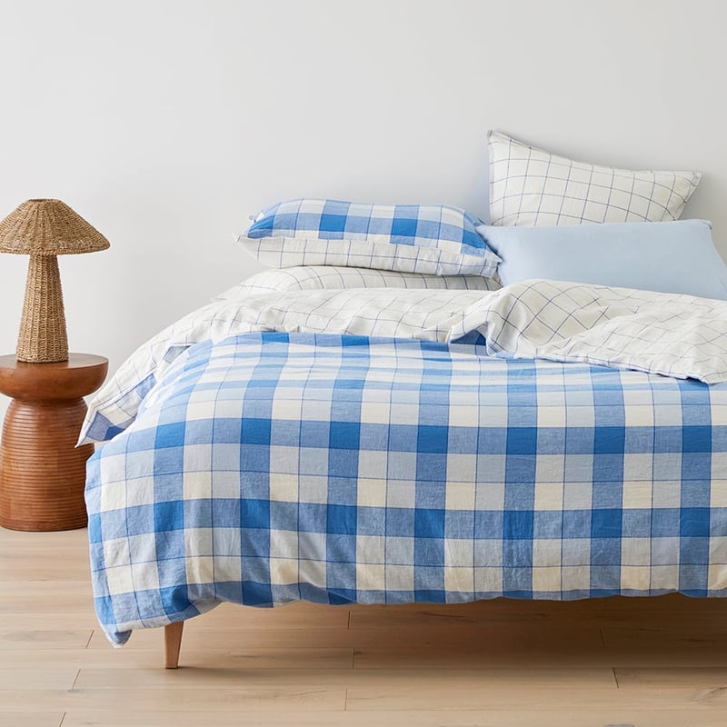Vintage Washed Linen Cotton French Blue Check Quilt Cover Set + Separates