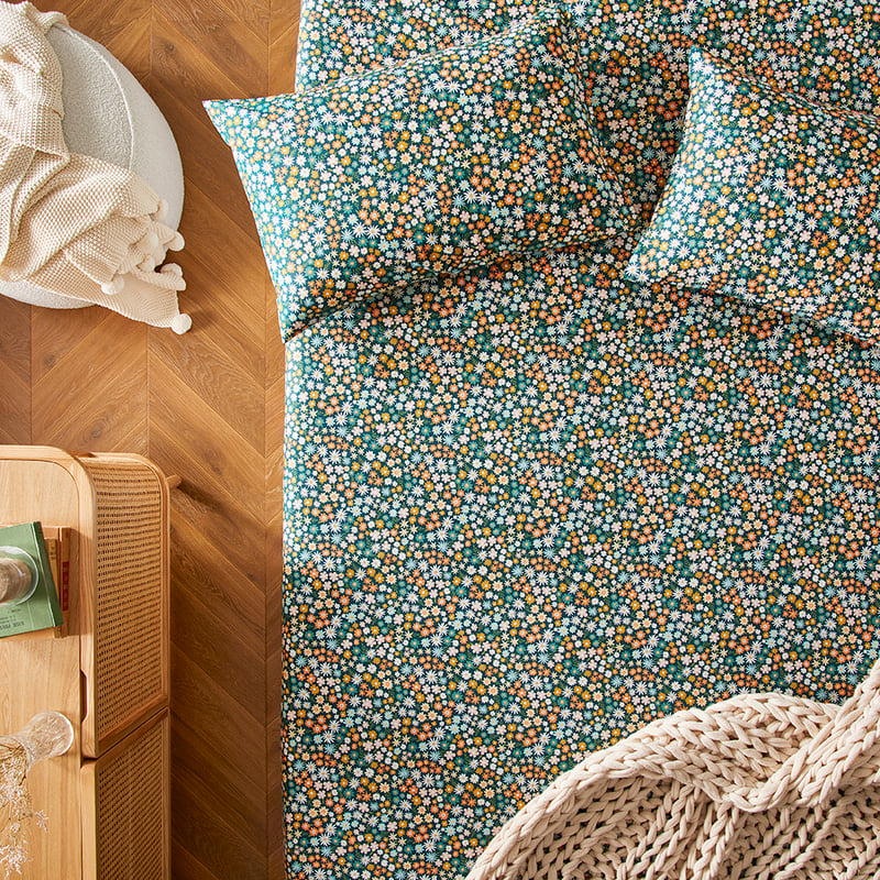 Flannelette Printed Petrol Blue Midnight Floral Sheet Separates