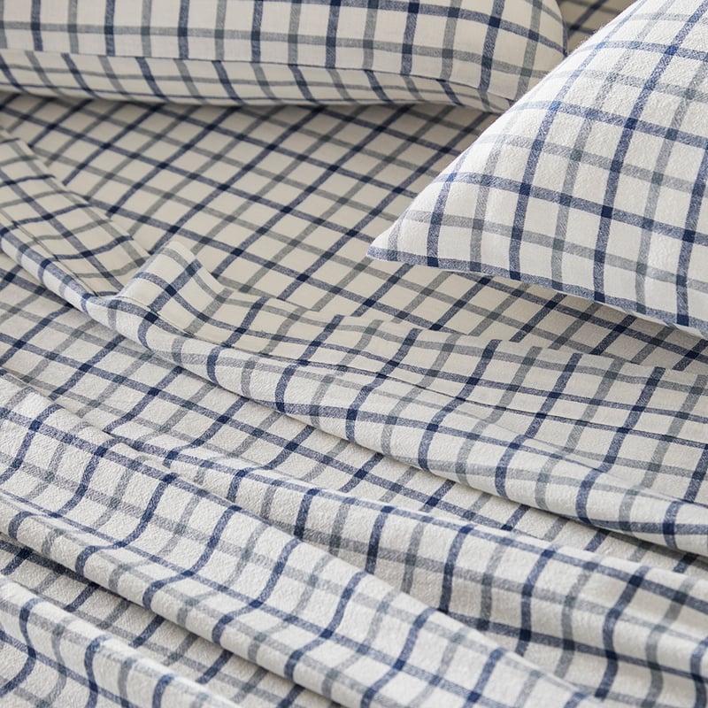 Vintage Washed Linen Cotton Stormy Blue Check Sheet Set