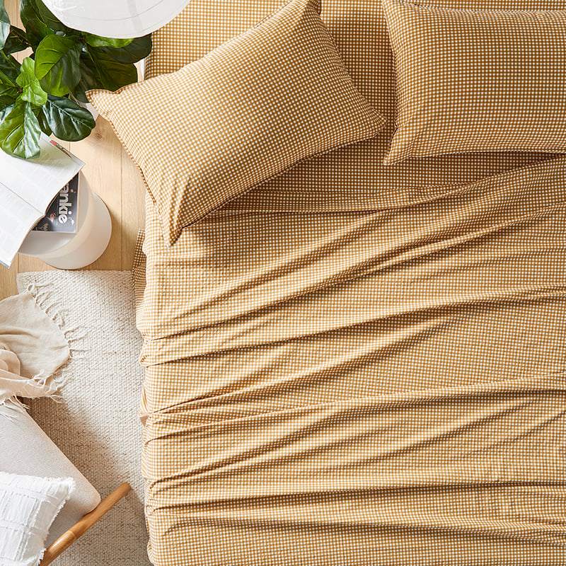 Stonewashed Cotton Printed Gold Gingham Sheet Set