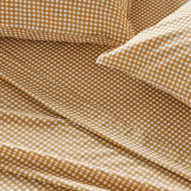 Stonewashed Cotton Printed Gold Gingham Sheet Set