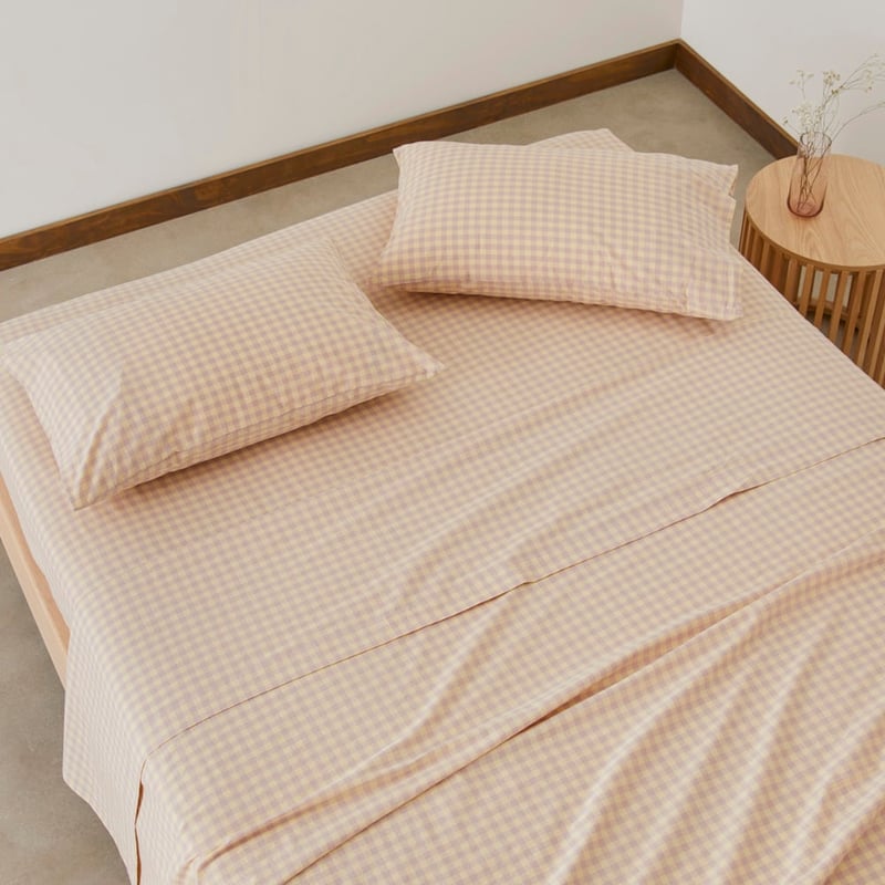 Stonewashed Cotton Printed Dusty Lemon Gingham Sheet Set