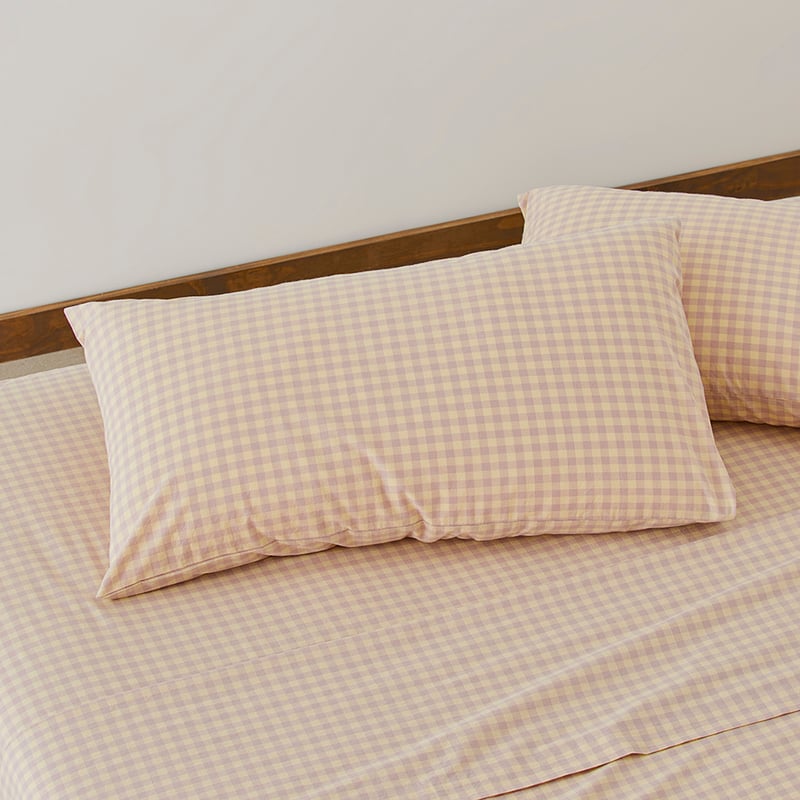 Stonewashed Cotton Printed Dusty Lemon Gingham Sheet Separates