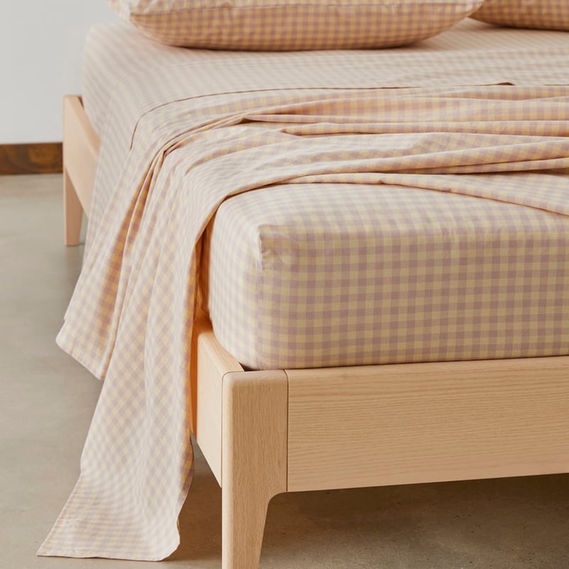 Stonewashed Cotton Printed Dusty Lemon Gingham Sheet Set