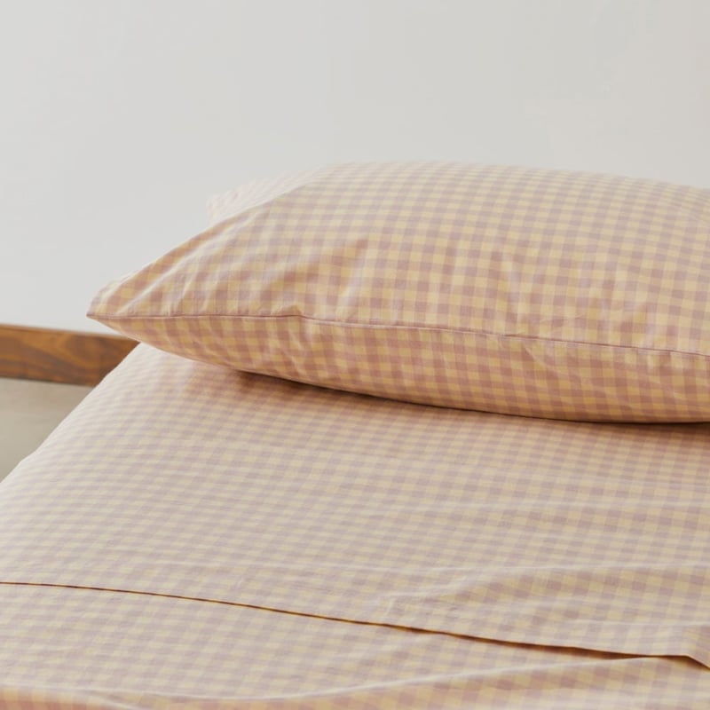 Stonewashed Cotton Printed Dusty Lemon Gingham Sheet Set