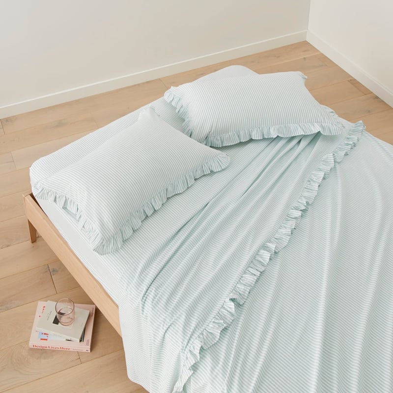 Ruffle Mint Blue Stripe Sheet Set
