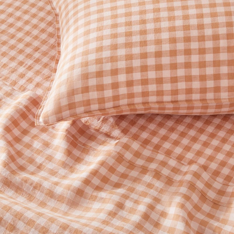 Vintage Washed Linen Caramel & Pink Check Sheet Separates