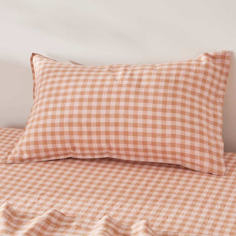 Vintage Washed Linen Caramel & Pink Check Sheet Separates