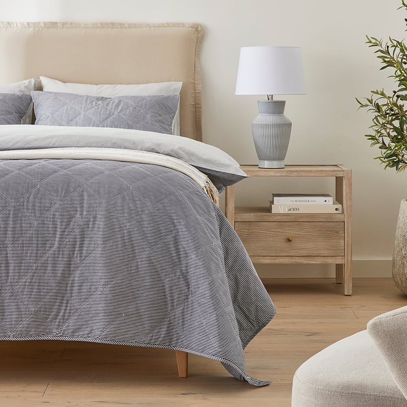 Stonewashed Cotton Printed Navy Stripe Quilted Coverlet Separates